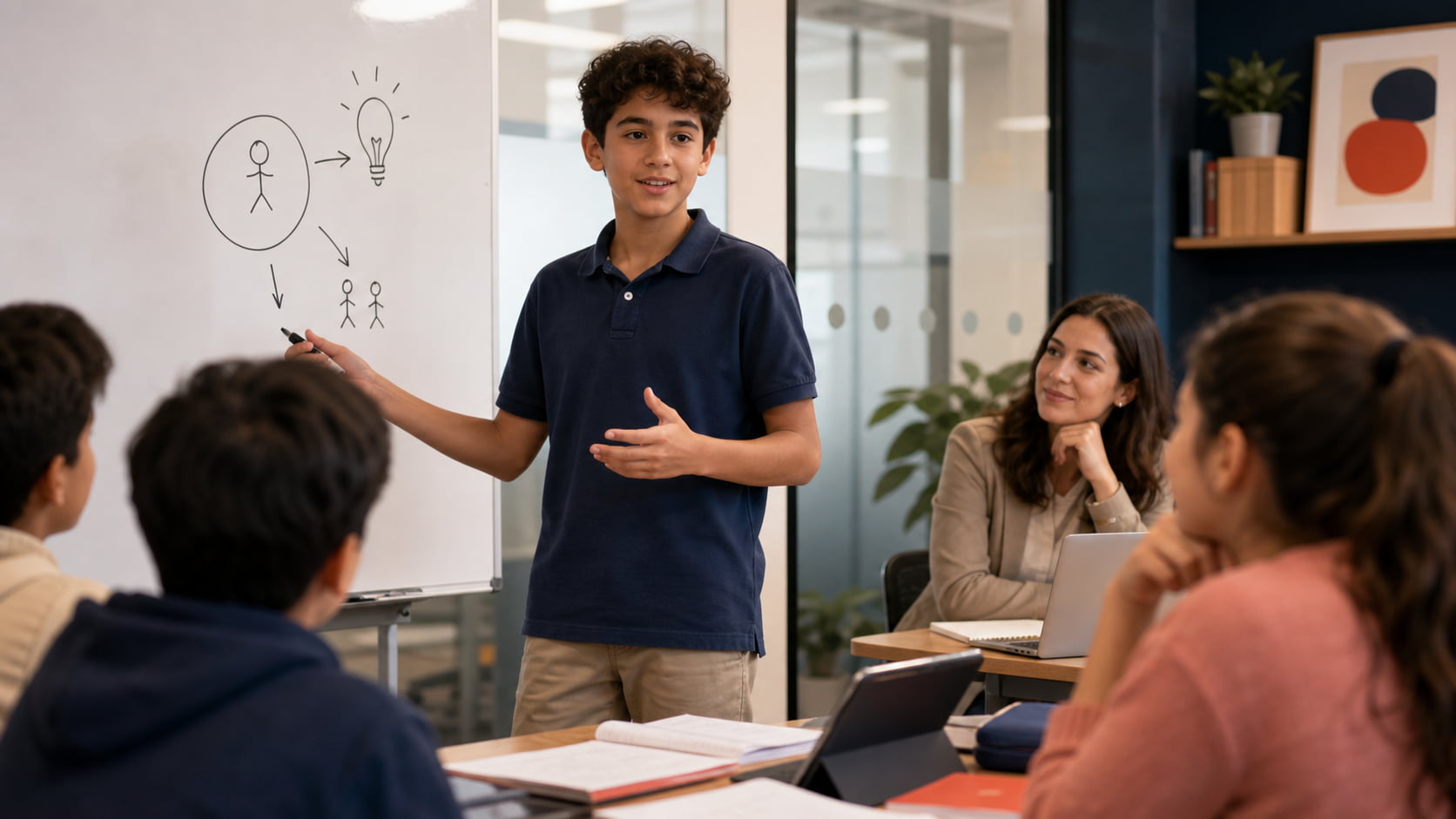 Middle Eastern pre-teen member presenting in a modern classroom